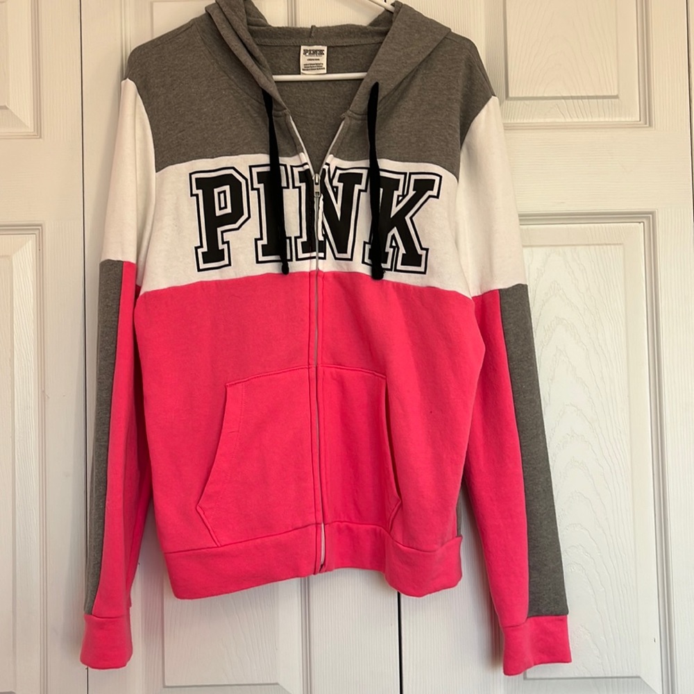 Pink/grey/white color block zip hoodie